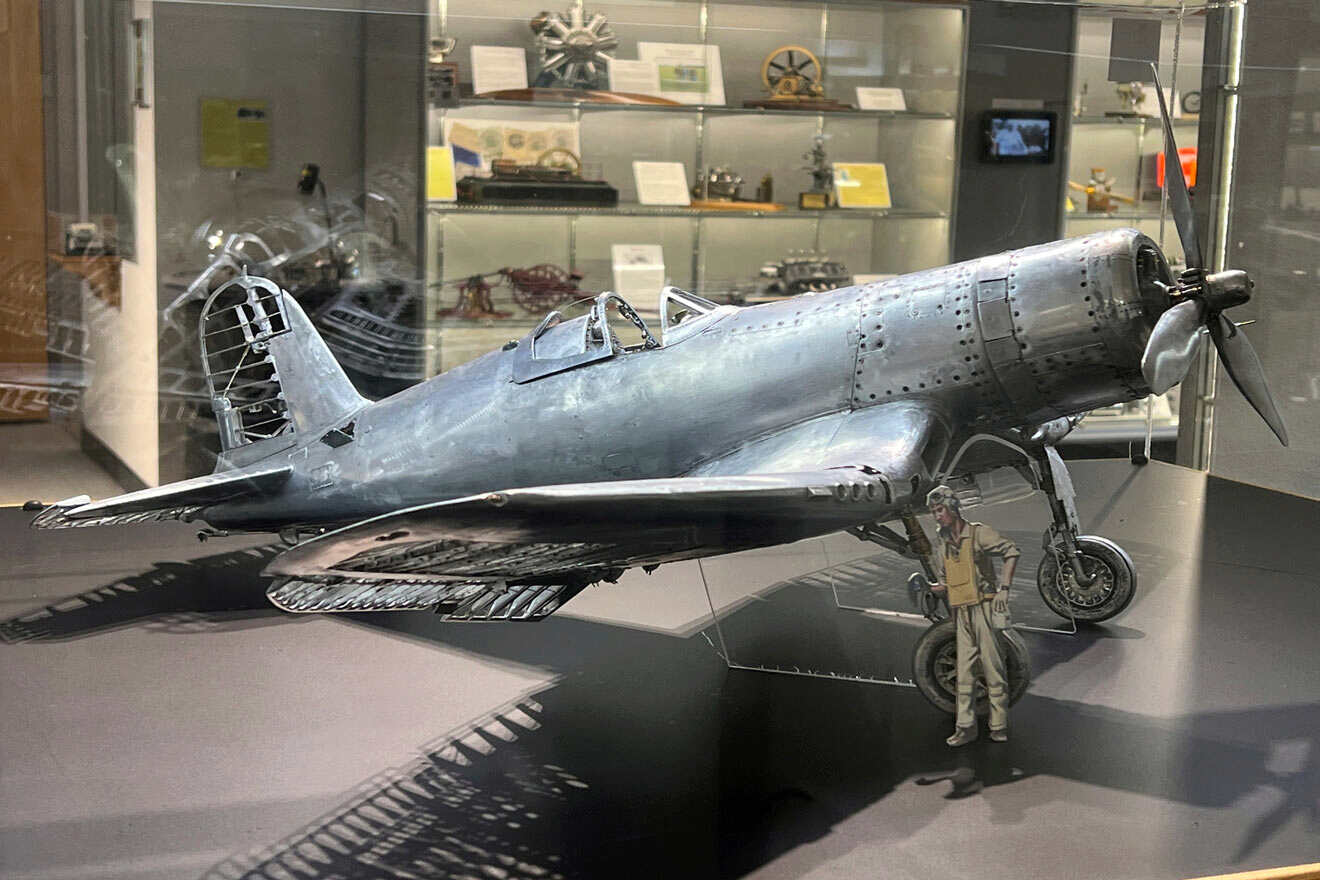 A model airplane on display in a museum.