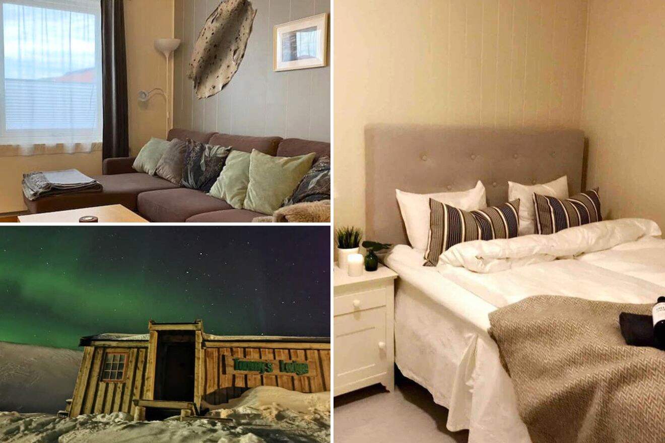 collage of 3 images with: a bedroom, couch and hotel's building at night with the northern lights on the sky