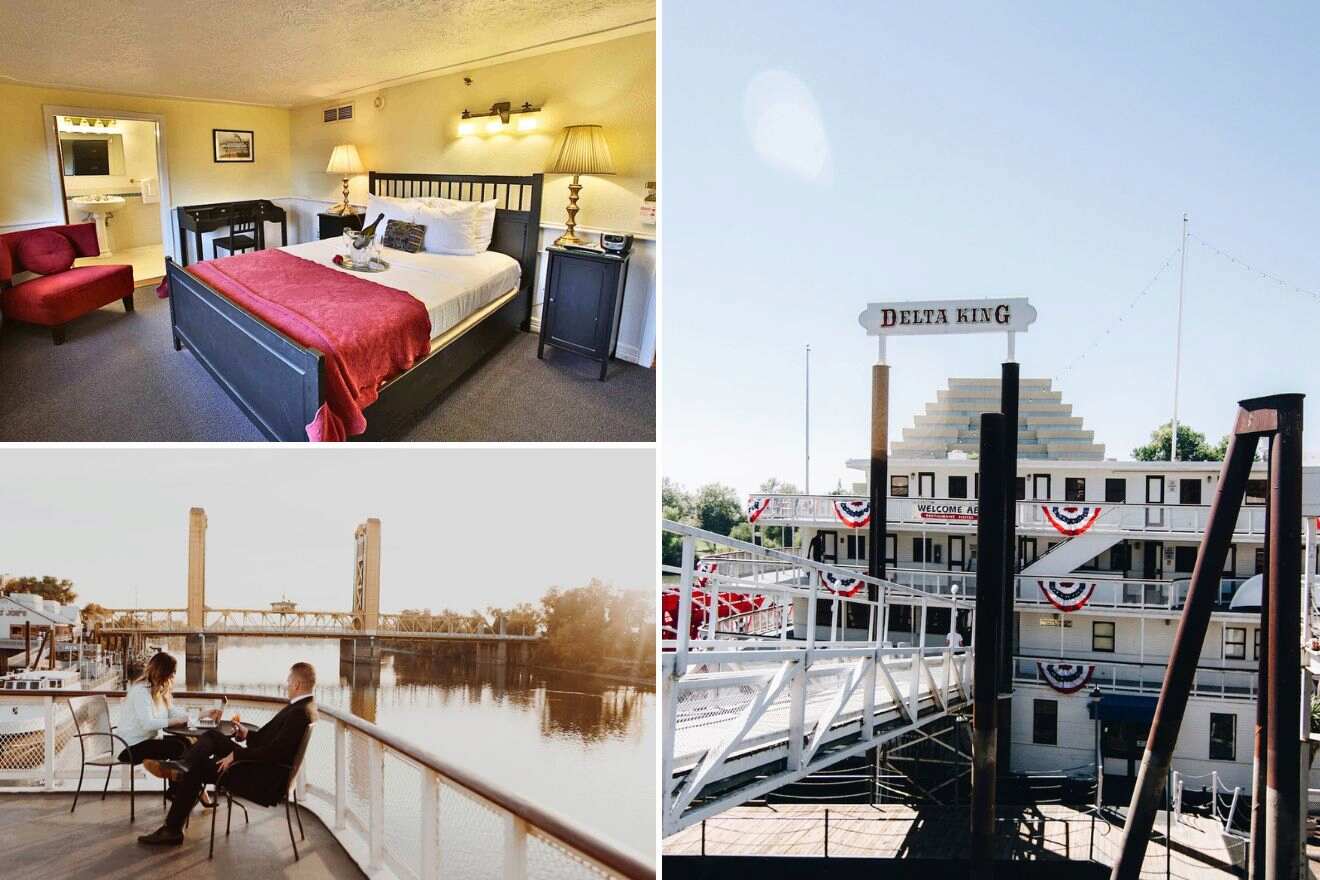 collage of 3 images with: a bedroom, people having lunch by the river and outside of the boat