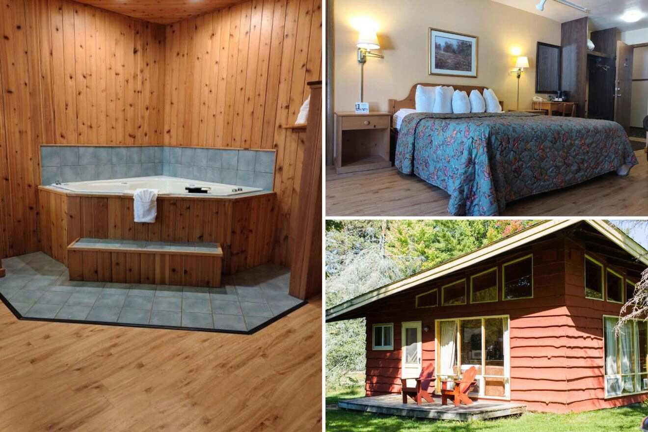 Collage of three hotel pictures: indoor hot tub, bedroom, and hotel exterior