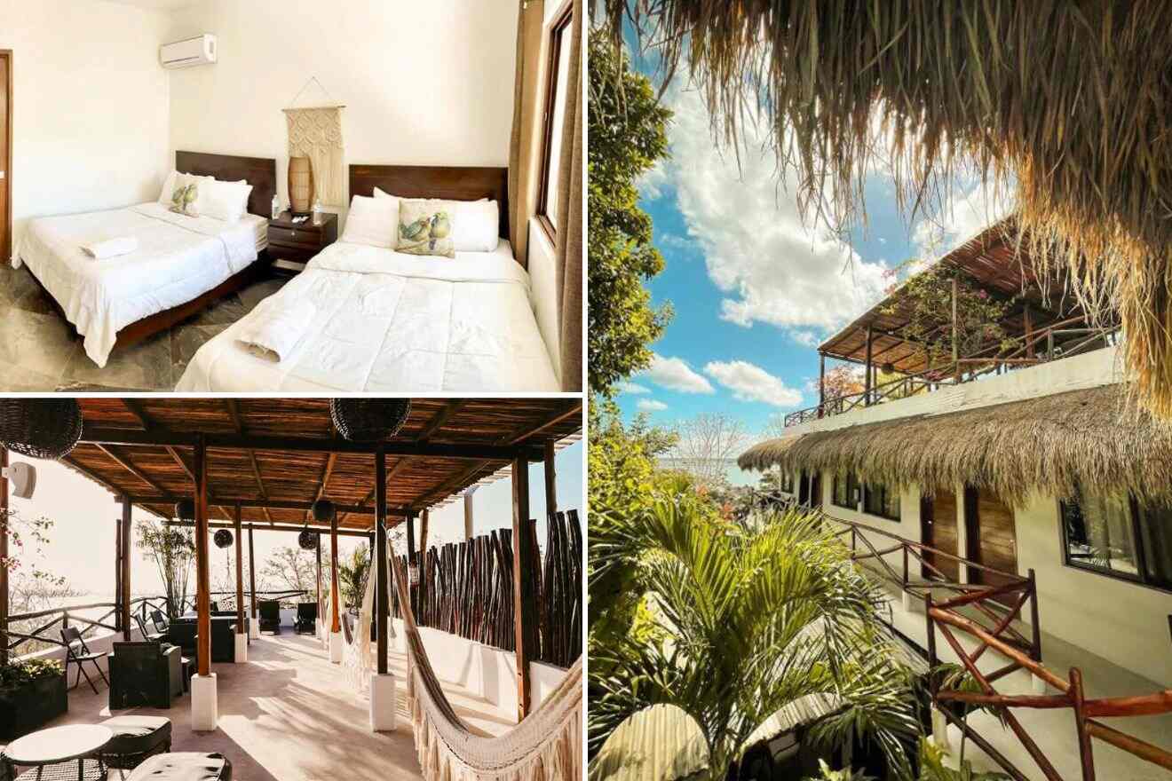 Collage showing a bright bedroom with two beds, an outdoor lounge area with hammocks, and an exterior view of a building with a thatched roof terrace.