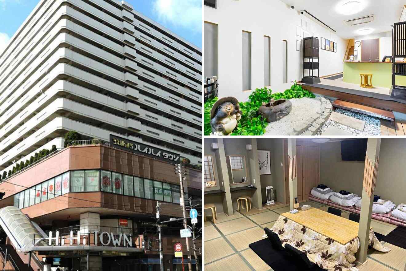 collage of 3 images with: hotel's building, room details and japanese bedroom