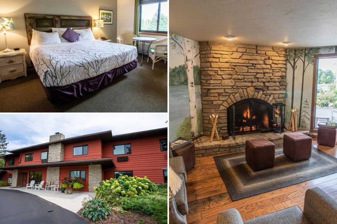 Collage of three hotel pictures: bedroom, hotel exterior, and lounge area with a fireplace