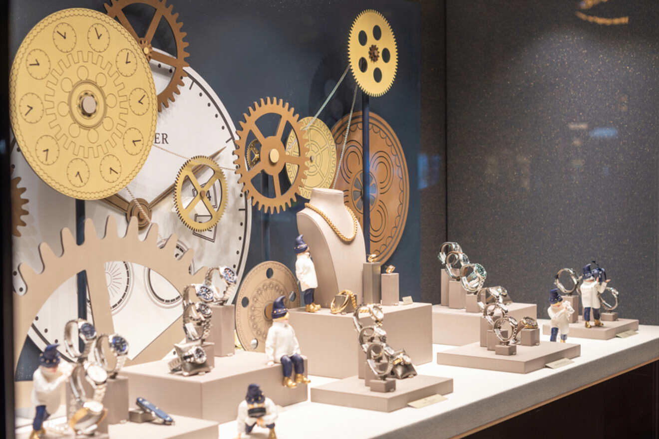 A display of clocks and watches in a window display.
