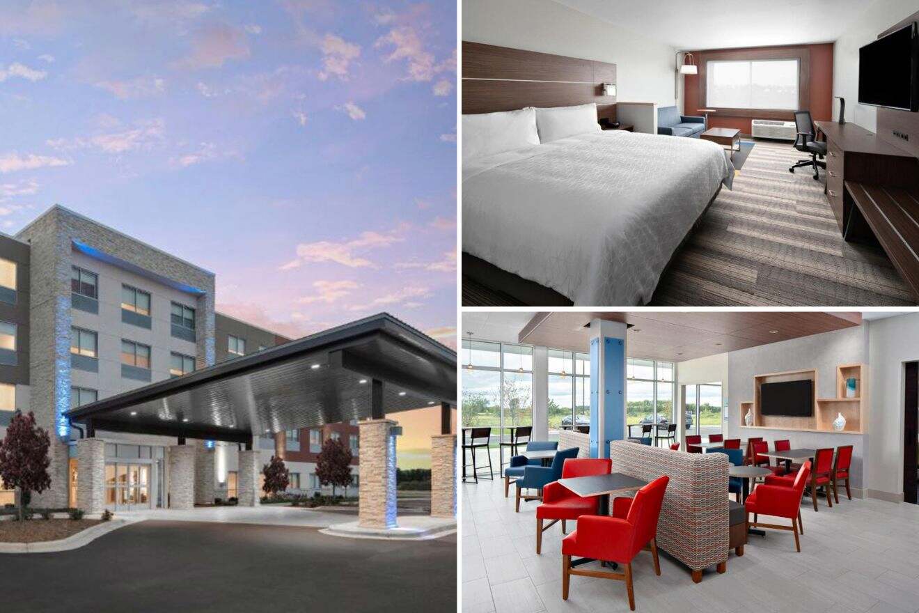 collage of 3 images with: hotel's building, bedroom and lounge