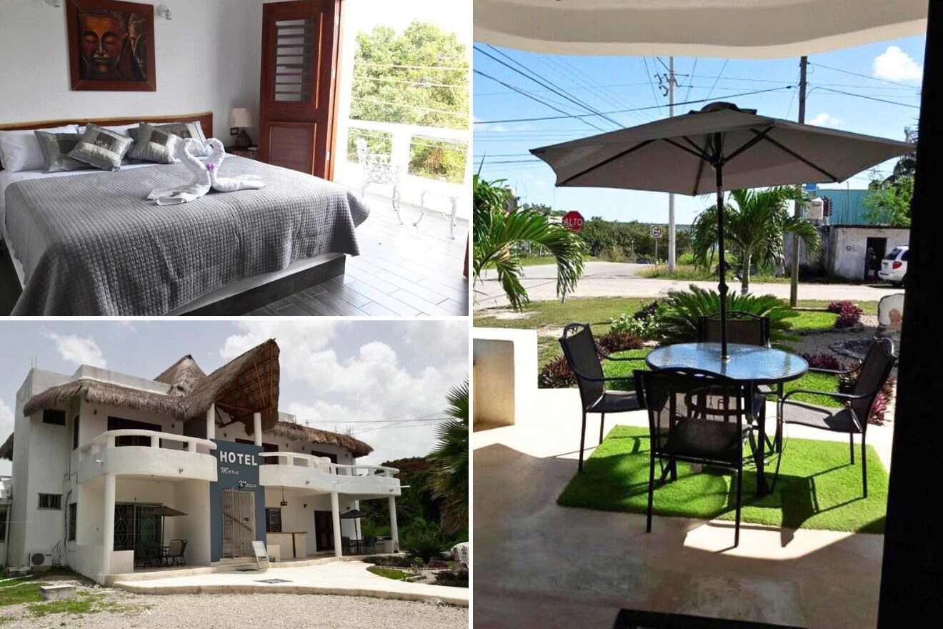 collage of 3 images with: bedroom, building, and lounge in the garden