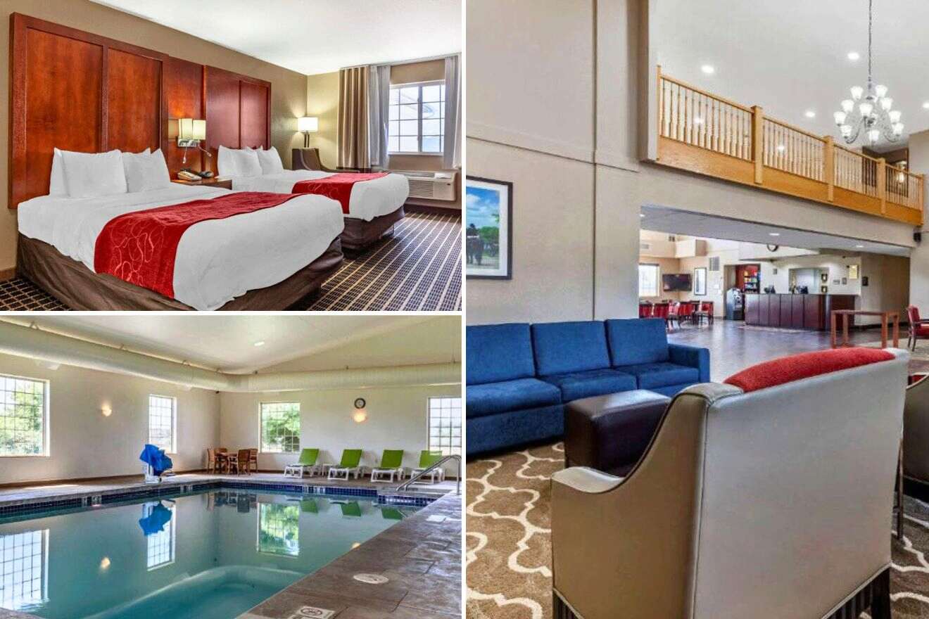 collage of 3 images with: a pool, bedroom and lounge