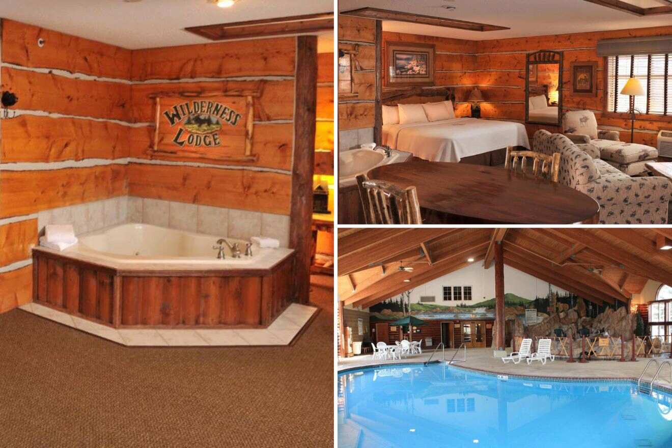 Collage of three hotel pictures: in-room hot tub, bedroom, and indoor pool