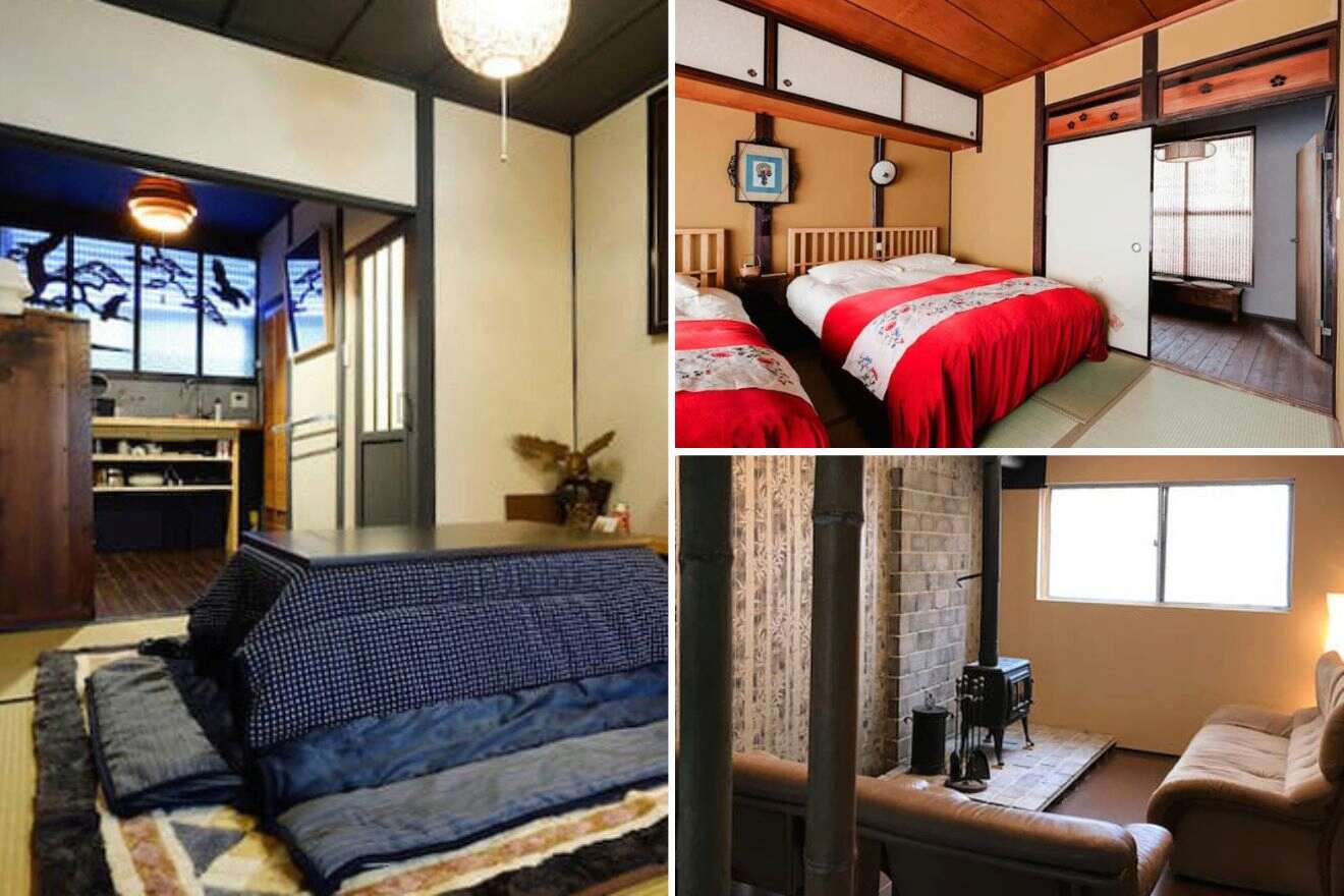 collage of 3 images of a Japanese hotel with: room details , lounge and bedroom