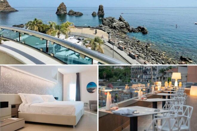 collage of 3 images with: a bedroom, dining tables on the terrace and view over the ocean
