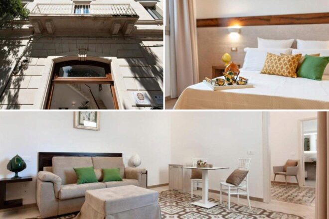 collage of 3 images with: hotel's building, bedroom and a lounge area