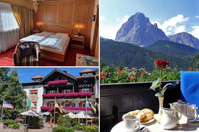 collage of 3 images with: a bedroom, table on the terrace with a view over the mountains and the hotel's building