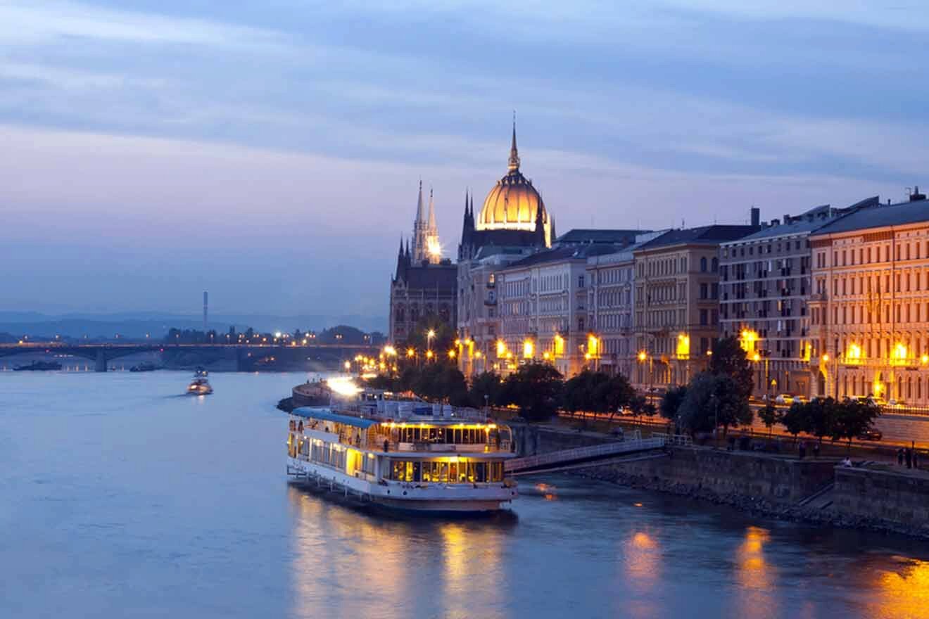 The danube river in budapest at dusk.