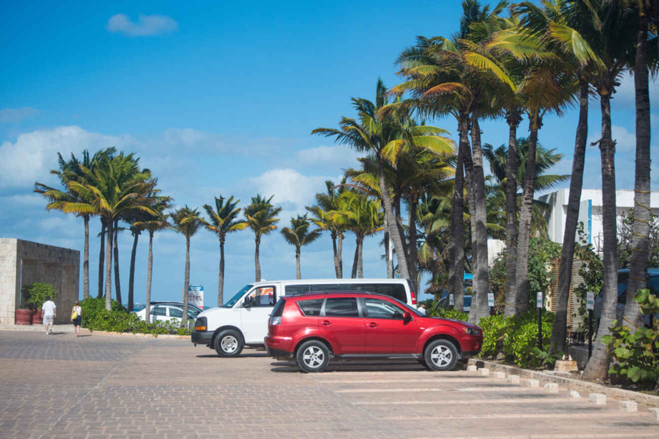 A red car parked in front of palm trees.