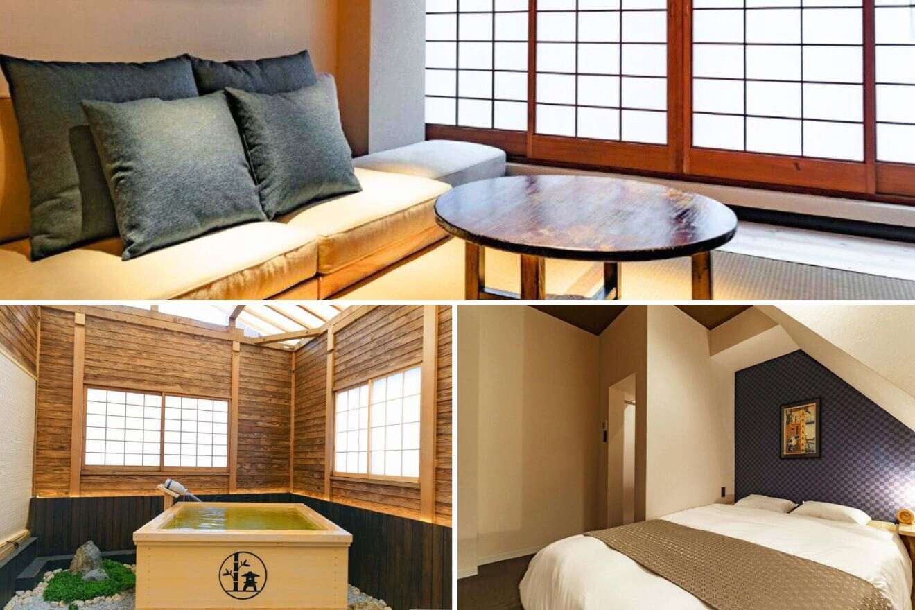 collage of 3 images of a Japanese house with: lounge, private ryokan and bedroom