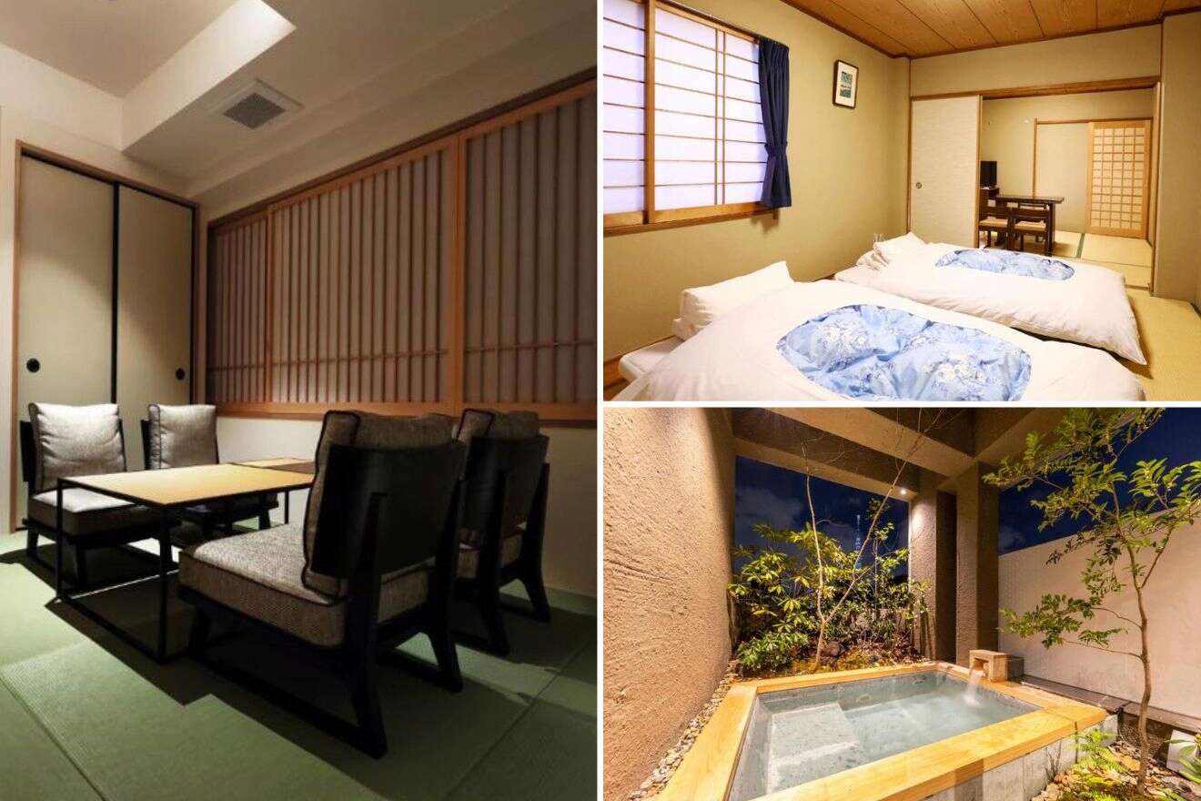 Collage of three hotel pictures: seating area, bedroom, and outdoor pool