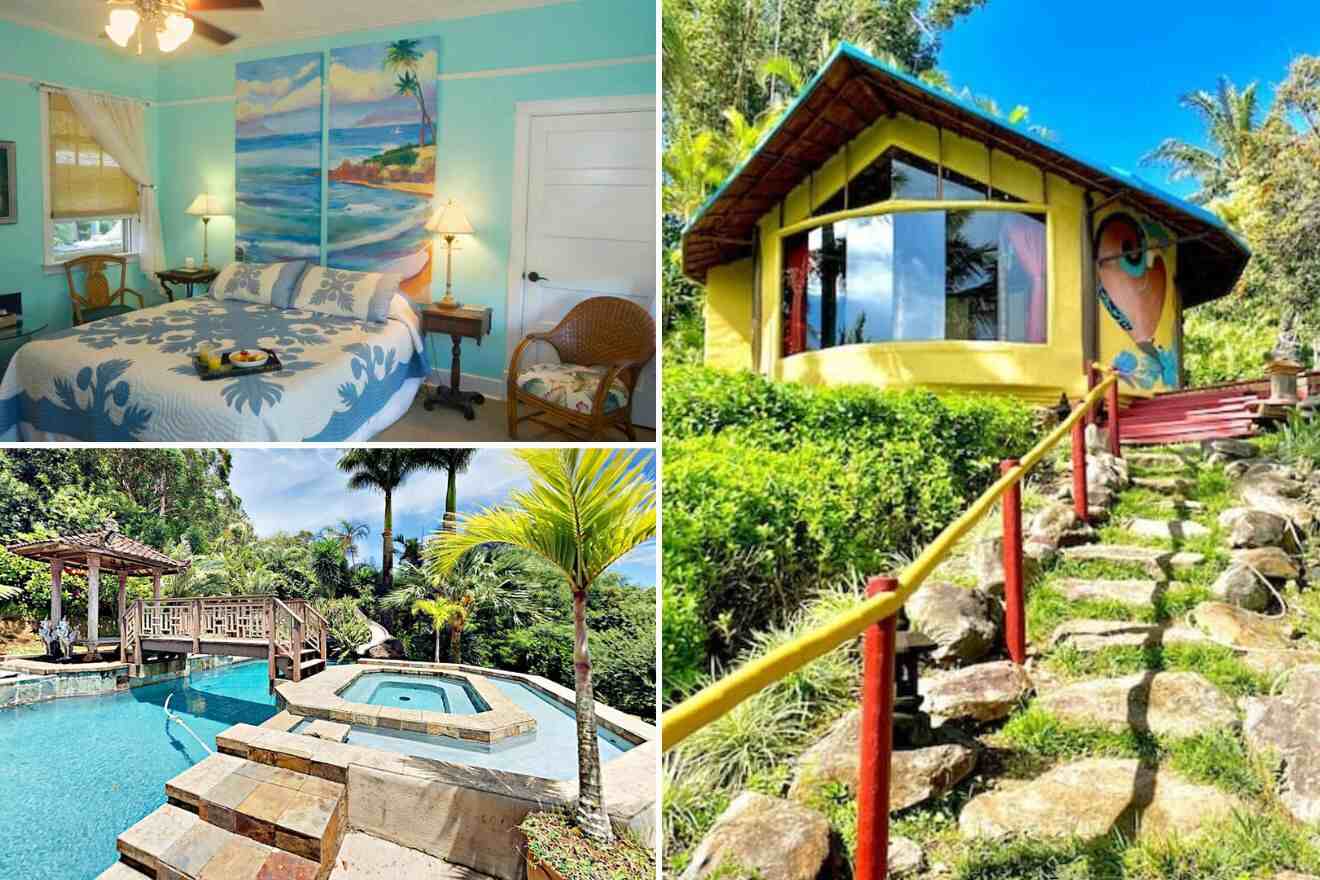 collage of 3 images with: a bedroom, pool and wooden cabin