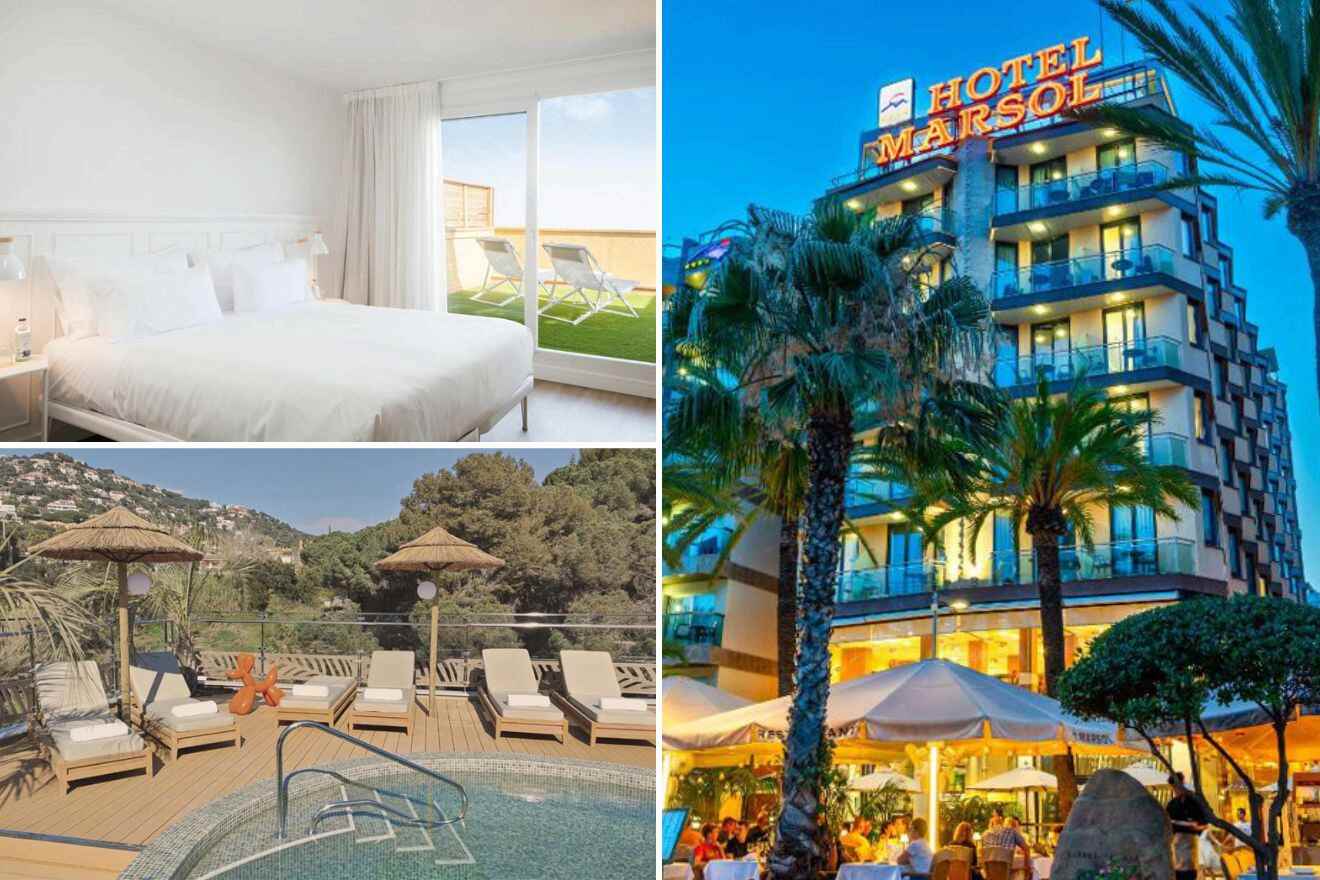 Collage of three hotel pictures: bedroom, lounge chairs by a pool, and hotel exterior in the evening