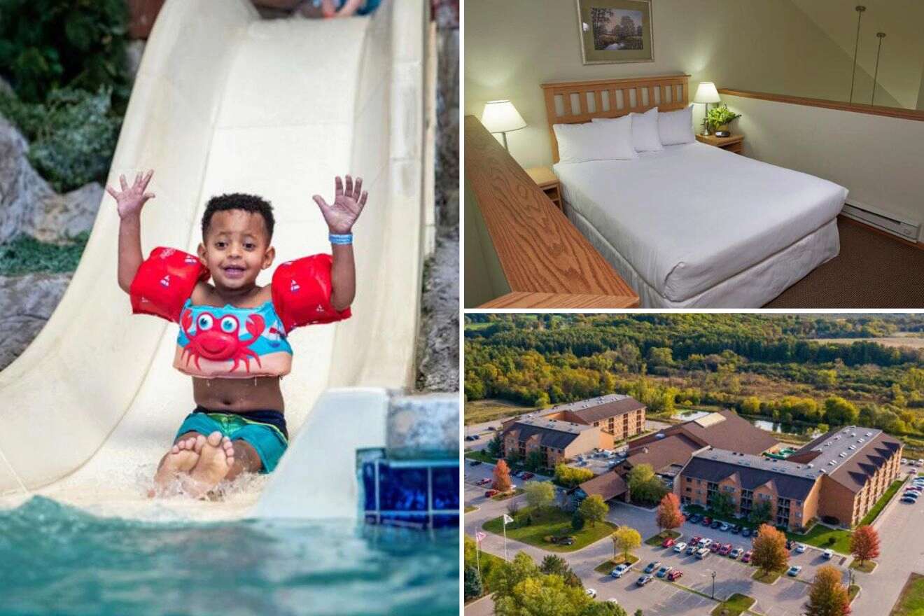 Collage of three hotel pictures: a kid going down a waterslide, bedroom, and aerial view of resort