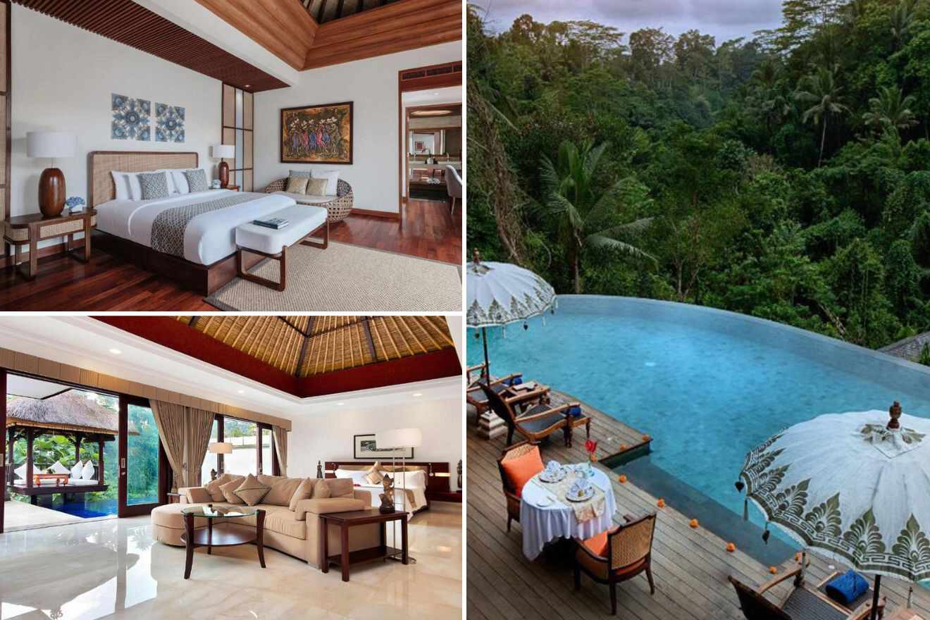 collage of 3 images with: a pool, bedroom and lounge