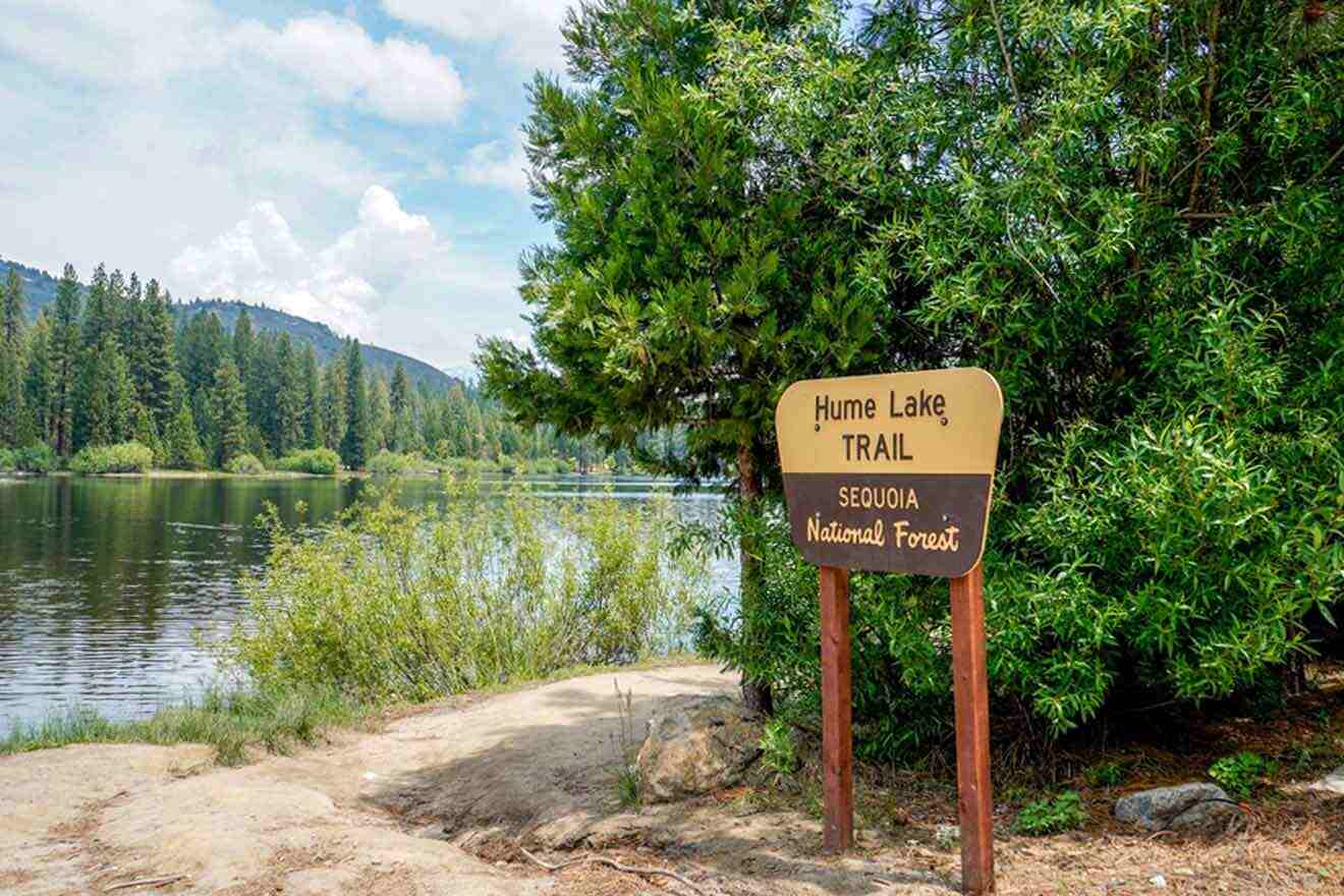 A sign in front of a lake with trees in the background.