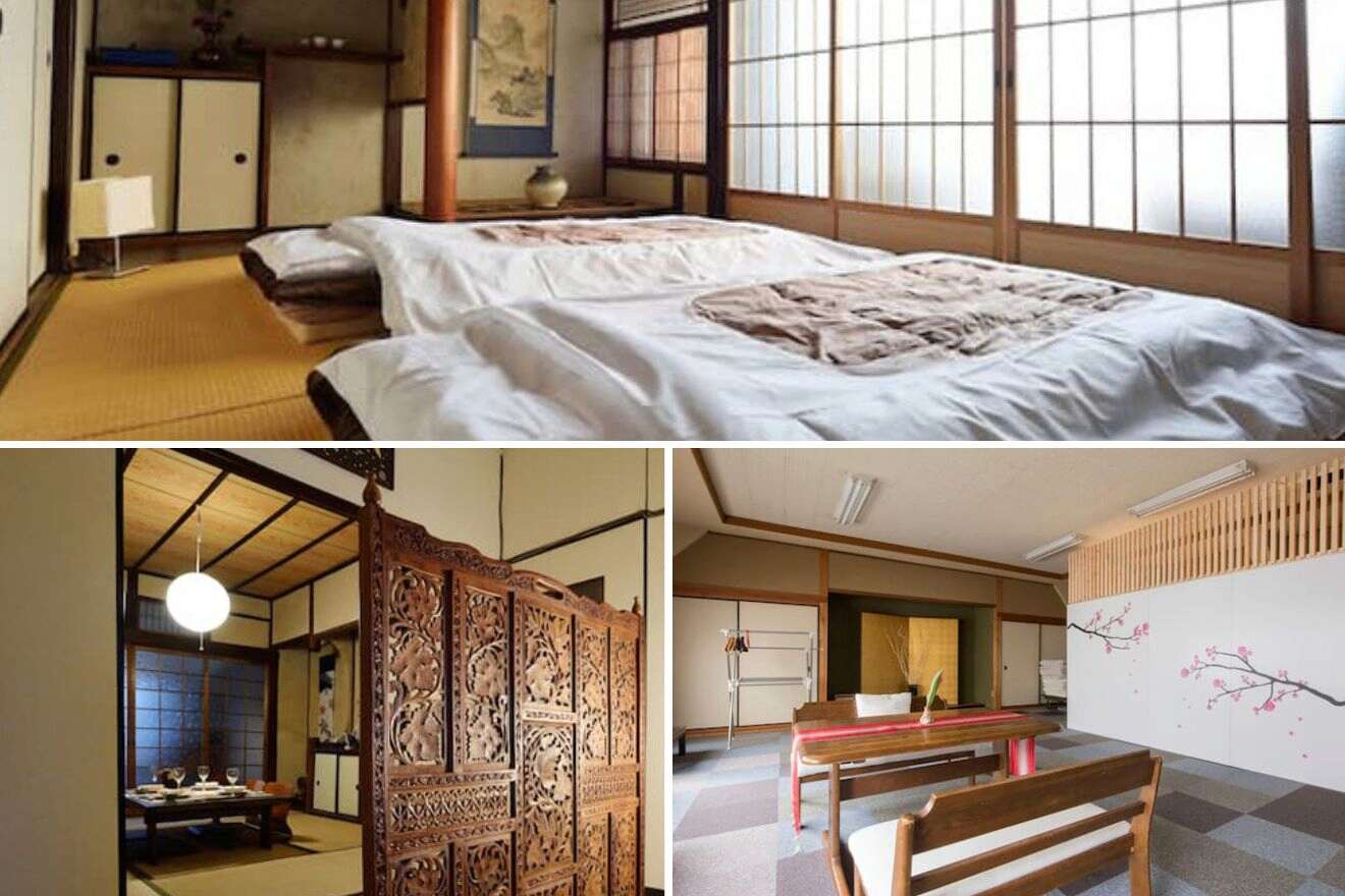 collage of 3 images of a Japanese hotel with: dining area, bedroom and traditional details