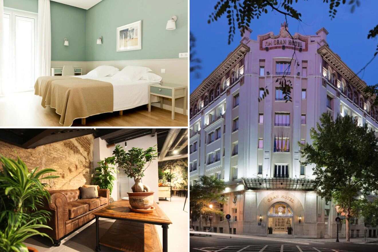 collage of 3 images with: a bedroom, hotel's building and a lounge area with couch, a table and plants