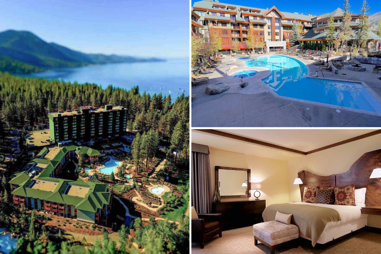 Collage of three hotel photos: aerial view of a resort with pools, outdoor pool with resort in the background, and a bedroom