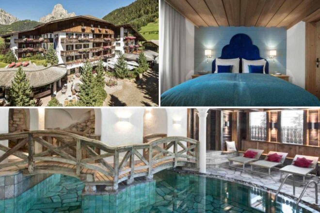 collage of 3 images with: a bedroom, indoor pool and the hotel's building