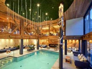 An indoor swimming pool in a wooden house.