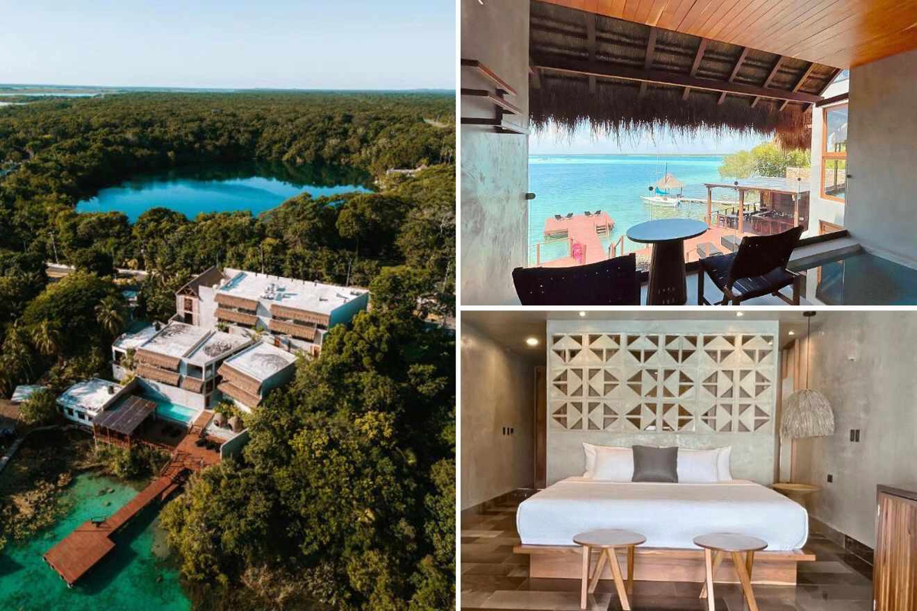 Collage: aerial view of a resort surrounded by lush greenery, room with a balcony overlooking water, and a stylish bedroom with modern decor.