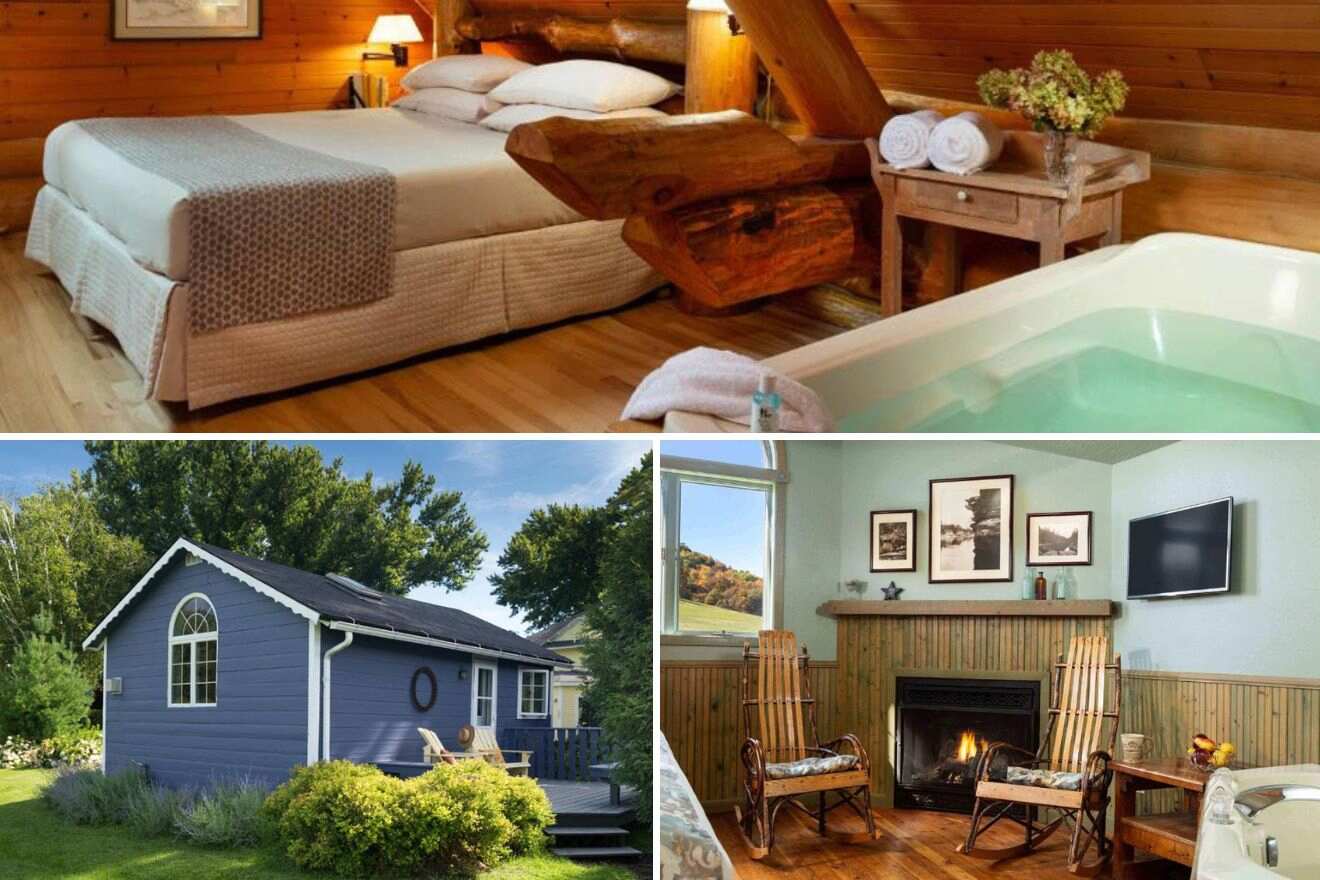 Collage of three hotel pictures: bedroom with in-room jacuzzi, hotel exterior, and seating area next to a fireplace