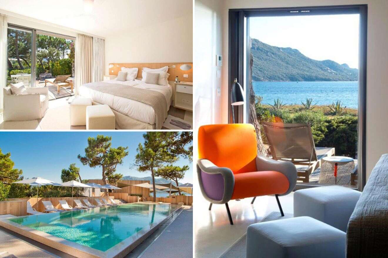 Collage of three hotel pictures: bedroom, outdoor pool and seating area by a window with a view