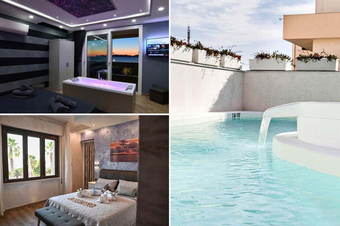 collage of 3 images with: a bedroom, jacuzzi in room and pool