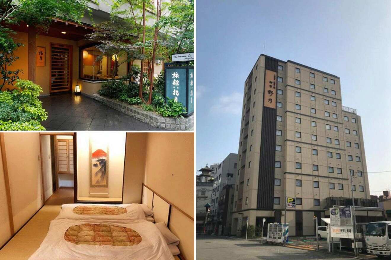 Collage of three hotel pictures: hotel entrance, bedroom, and hotel exterior