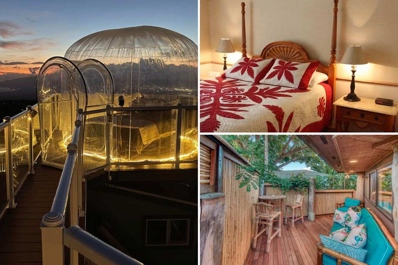 collage of 3 images with: a bedroom, covered dome resort and lounge