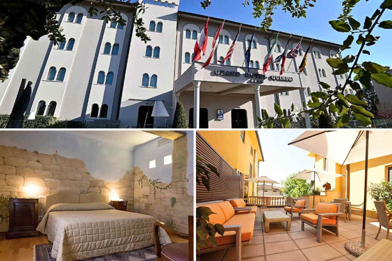 collage of 3 images with: a bedroom, lounge on the terrace, hotel's building