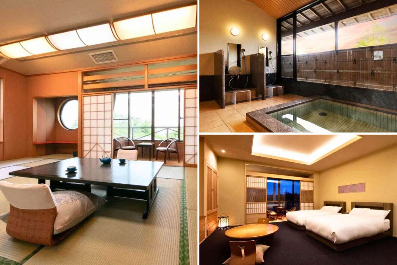 collage of 3 images of a Japanese house with: bedroom, private ryokan and table with chairs