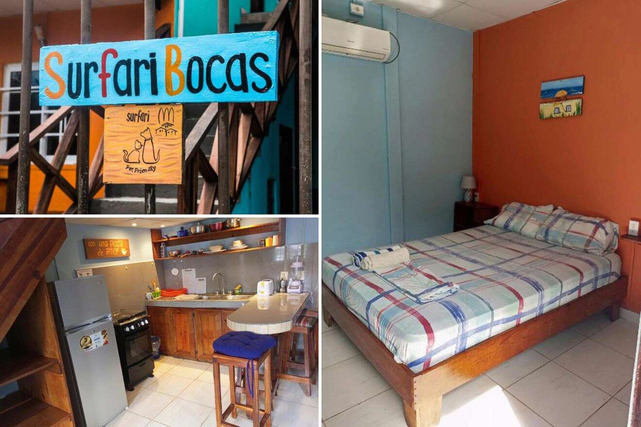 Collage of three hostel photos: hostel sign, shared kitchen, and bedroom