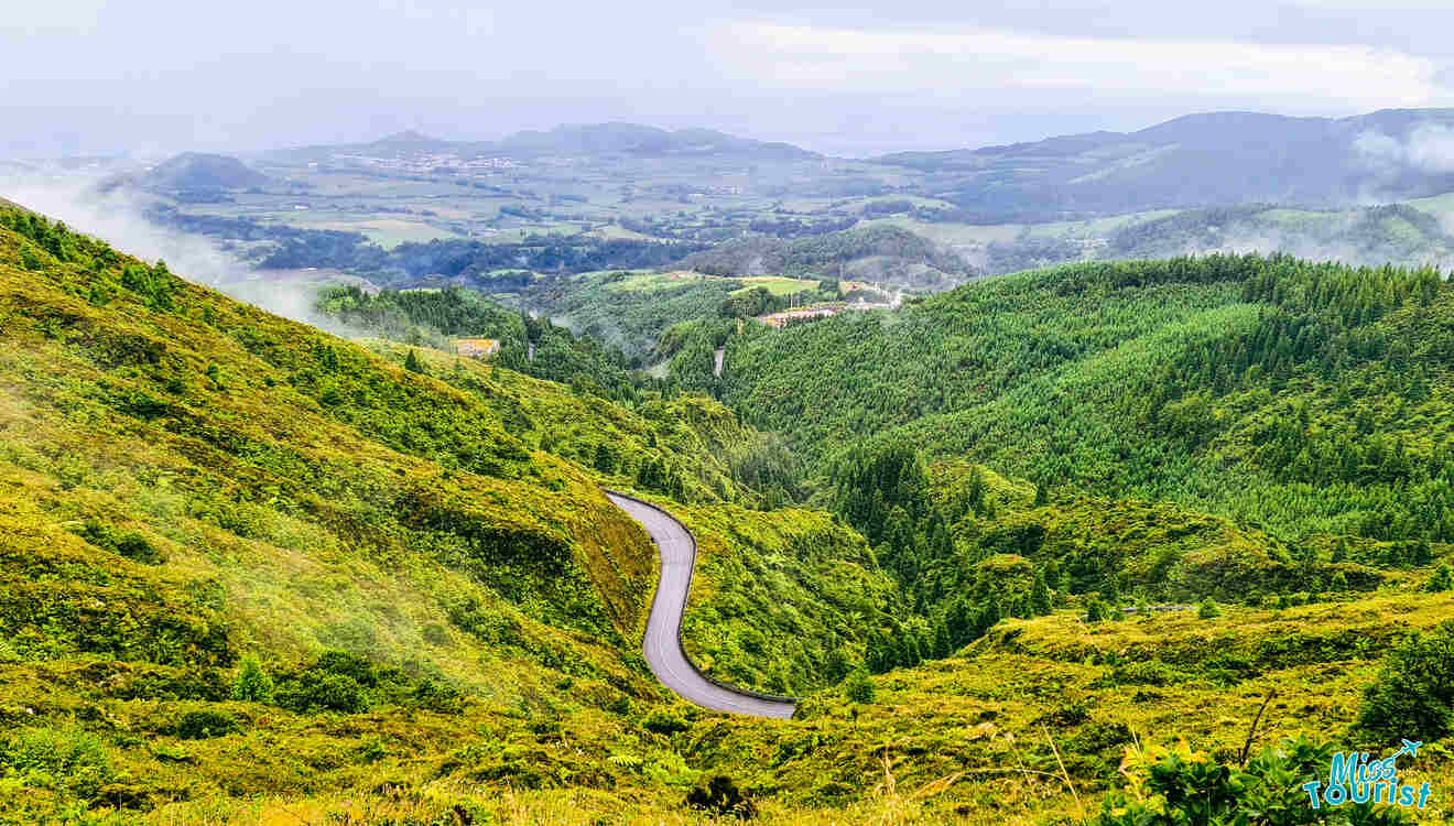 A winding road in the middle of a lush green valley.