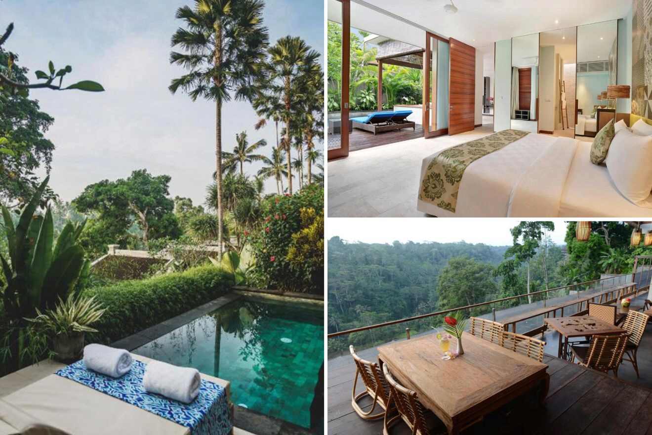 collage of 3 images with: a pool, bedroom and lounge on the terrace