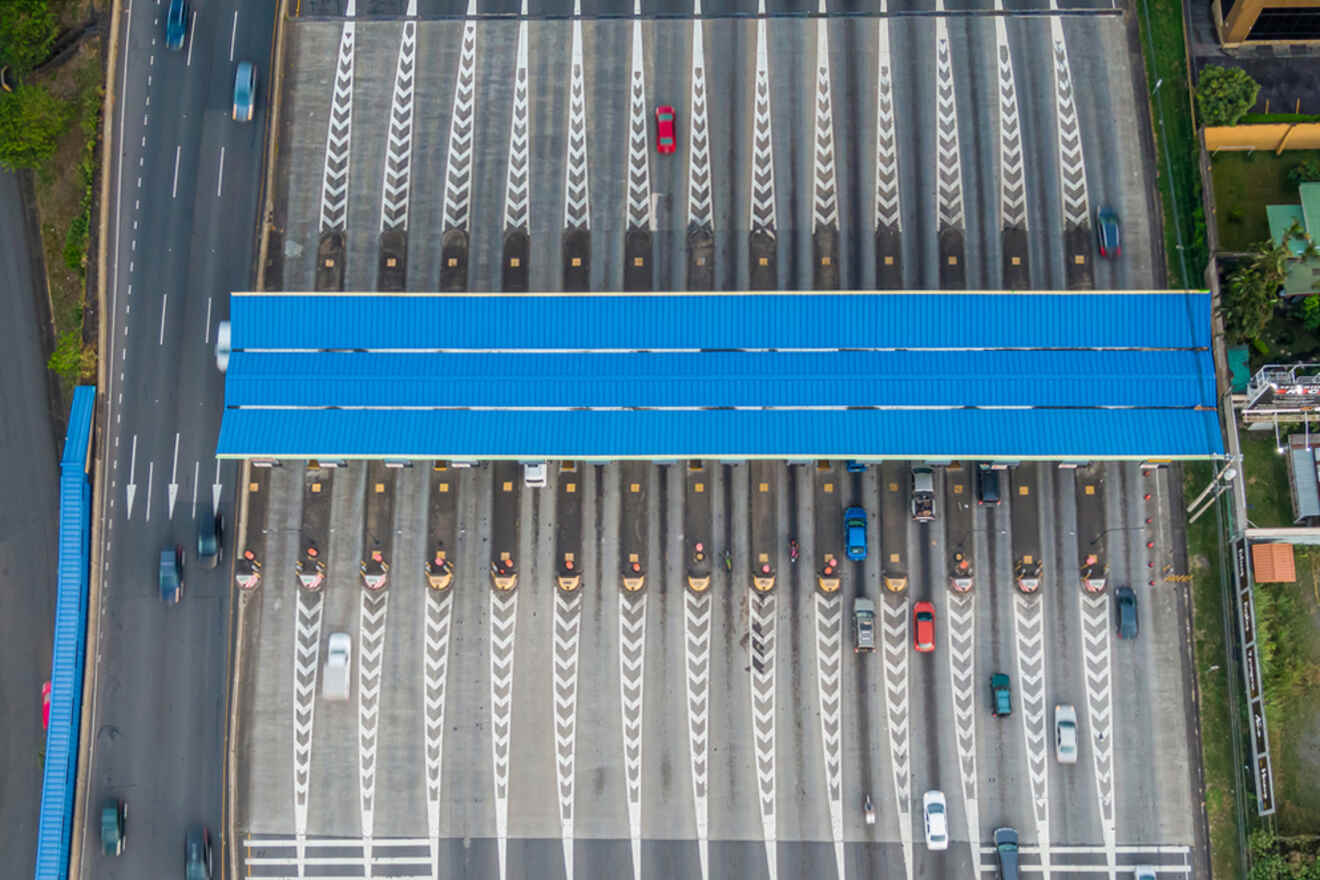 An aerial view of a toll booth.