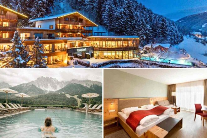 collage of 3 images with: a bedroom, woman swimming in a pool with a view over the mountains and the hotel's building