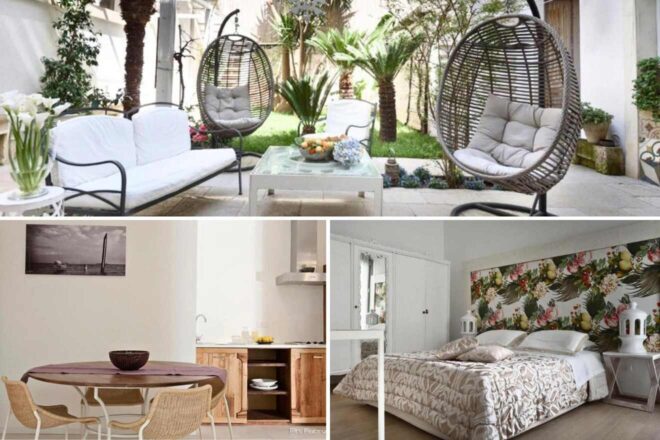 Collage of three images: a garden patio with seating and hanging chairs, a small kitchen with a round table, and a bedroom with floral patterned wallpaper and a double bed.