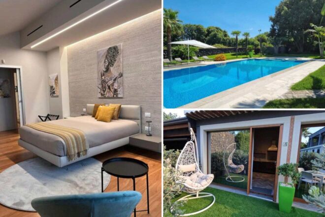 collage of 3 images with: a bedroom, outdoor lounge and a pool