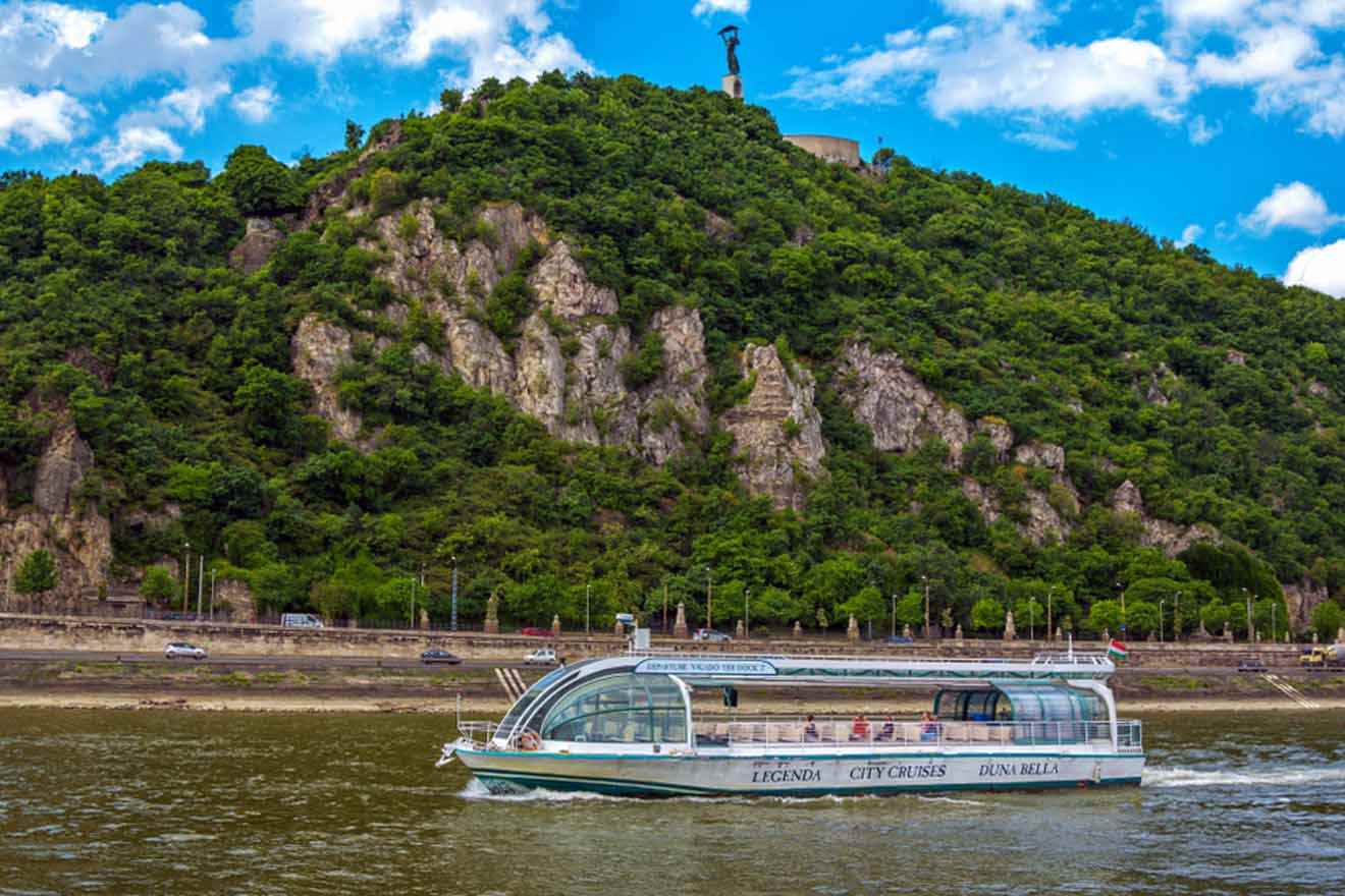 cruise ship with a hill with trees and greenery in the background