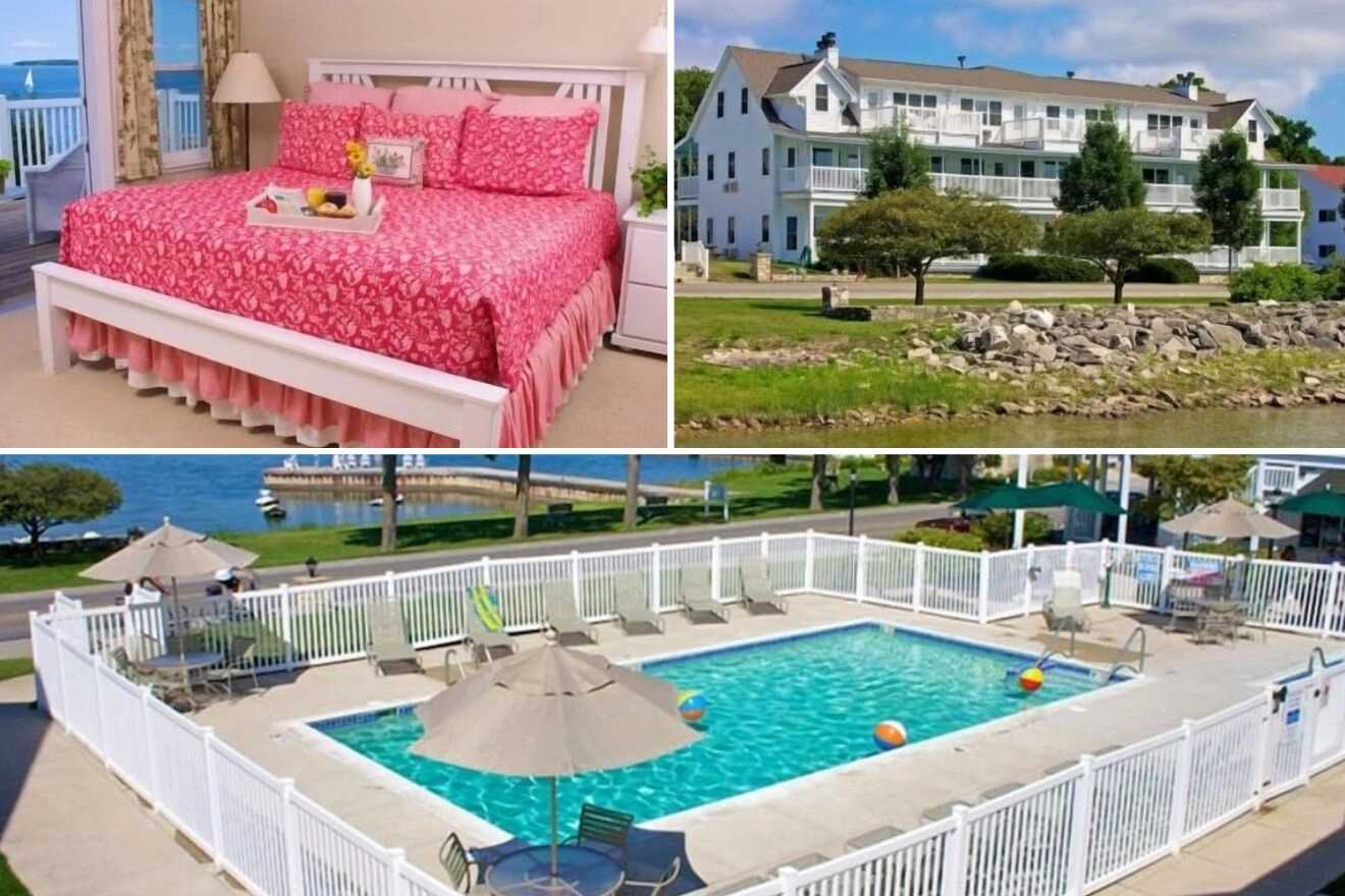 Collage of three hotel pictures: bedroom, hotel exterior, and outdoor pool