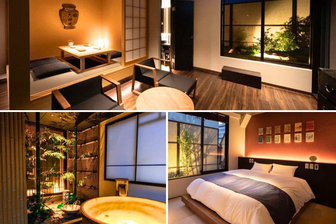 collage of 3 images of a Japanese house with: lounge area, private ryokan and bedroom