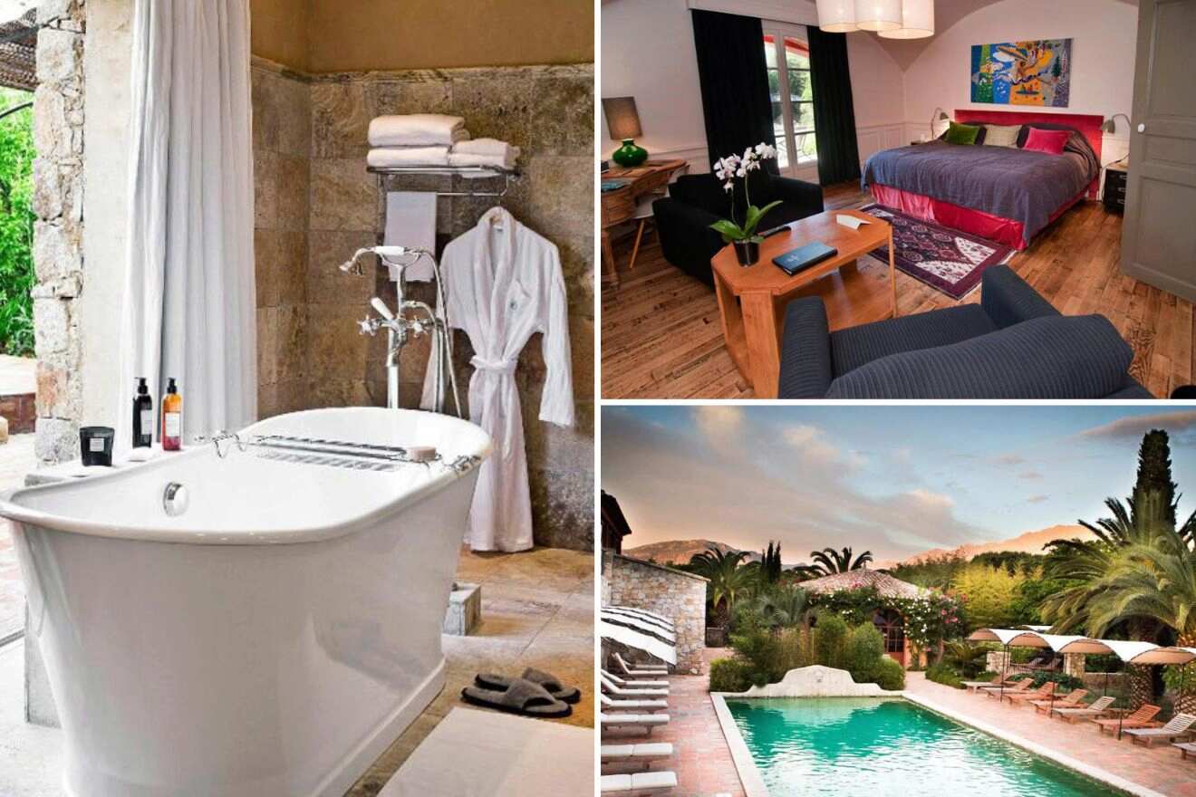 Collage of three hotel pictures: hot tub in bathroom, bedroom, and outdoor pool