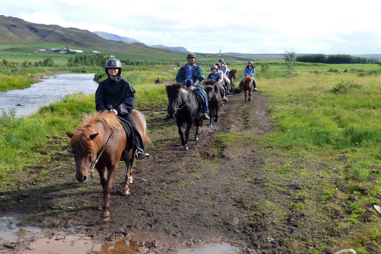 tourists horseback riding next to a river